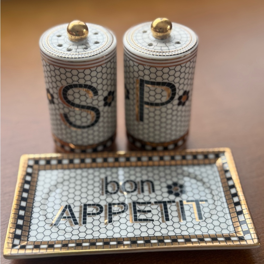 Anthropologie Black and Gold Salt and Pepper Shakers with Tray bistro